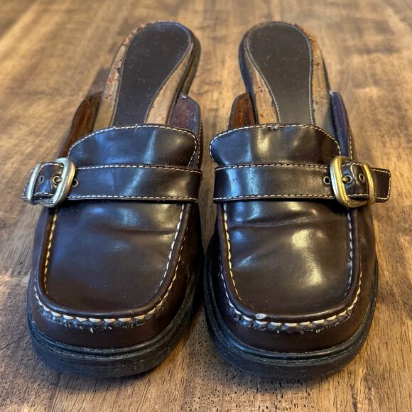 VTG Mudd Toni Platform Mules Chunky Heel Buckle Faux Leather 90s Y2K Brown Sz 10 - Picture 3 of 12
